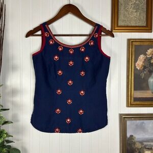Globus Tank Top Womens Size M Navy Blue Excellent Embroidered Boho Cotton